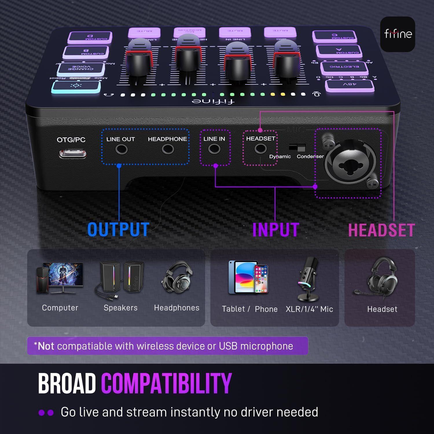 FIFINE AmpliGame SC3 – Mesa Mezcladora RGB 4 Canales con Phantom Power y Efectos para Streaming, Pod-6