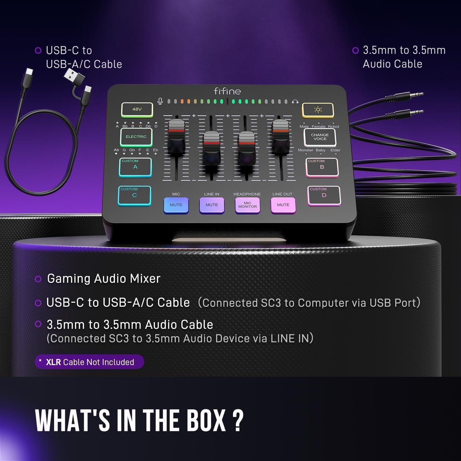 FIFINE AmpliGame SC3 – Mesa Mezcladora RGB 4 Canales con Phantom Power y Efectos para Streaming, Pod-7