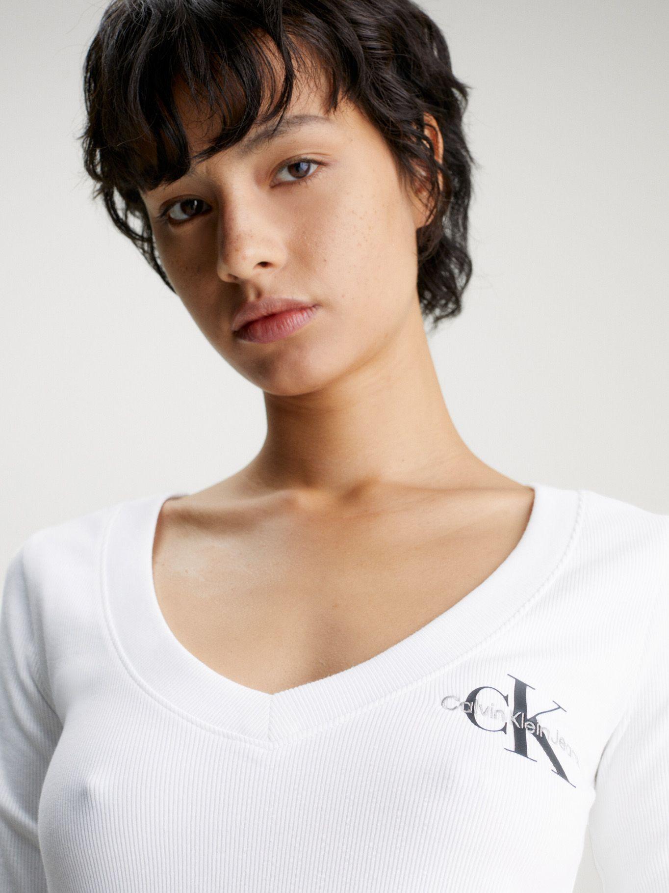 Polera Ls Rib V-Neck Monologo Blanco YAF-3