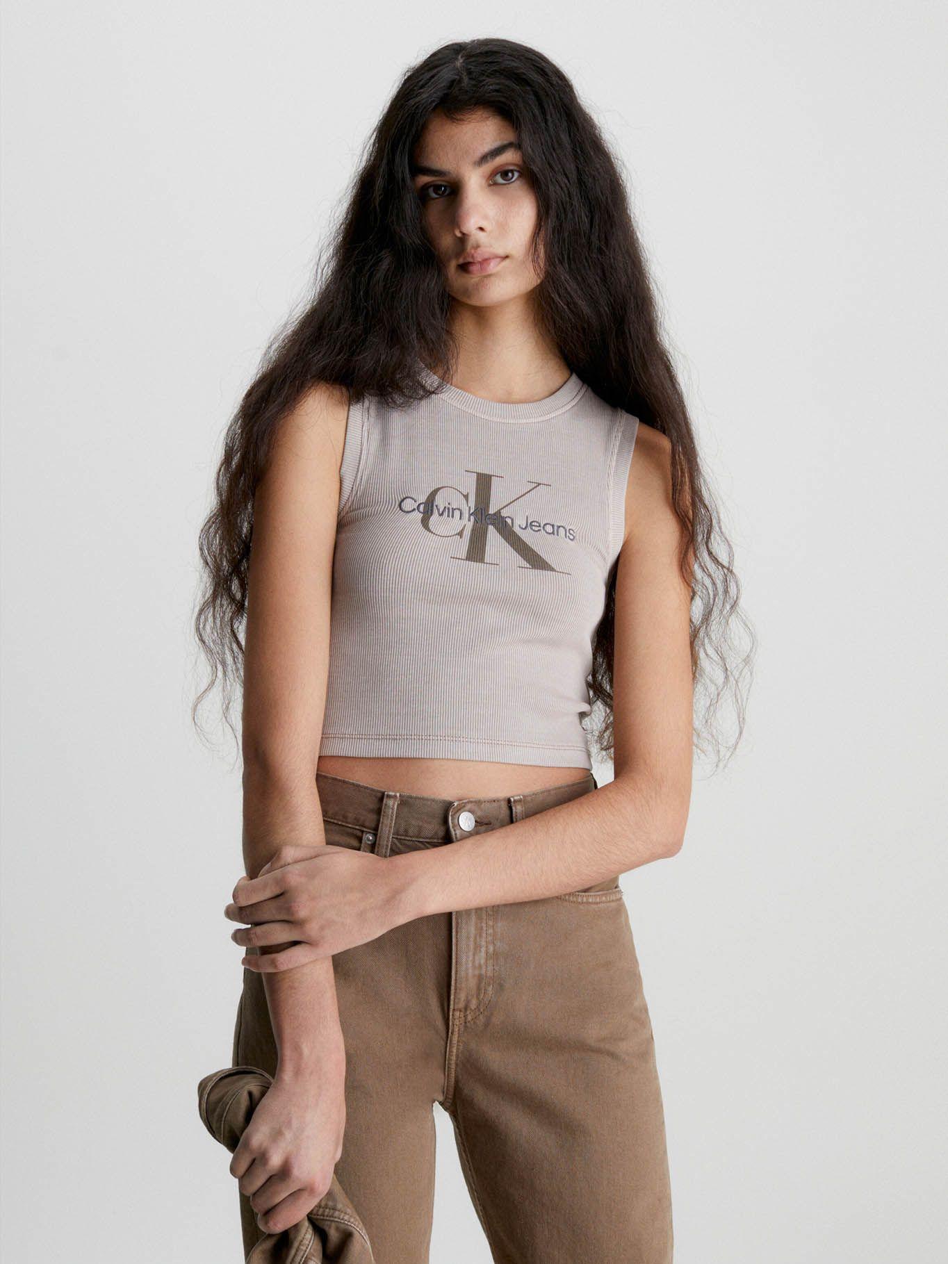 Camiseta de tirantes Cropped con monograma Café claro Calvin Klein-0