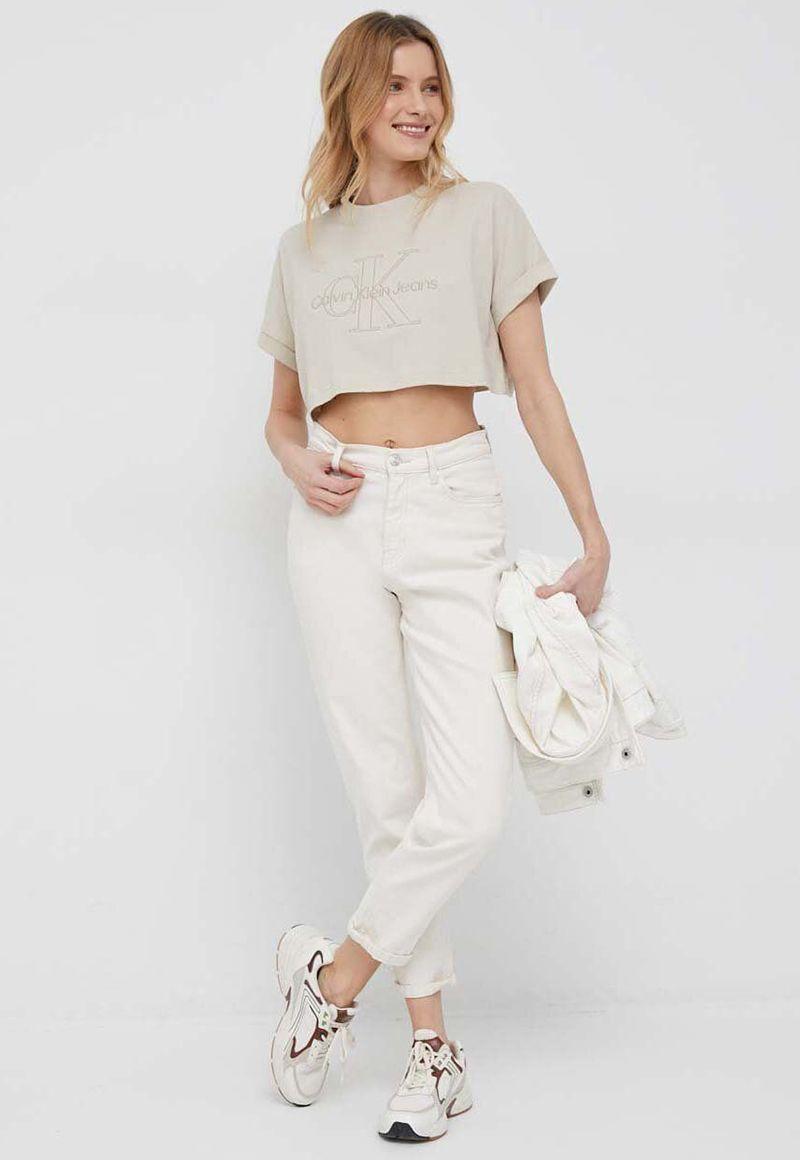 Camiseta con cuello redondo y logo Beige Calvin Klein-1