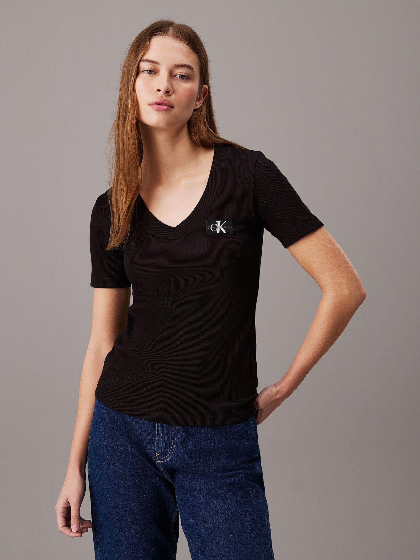 Polera Woven Label Rib V-Neck Negro Calvin Klein-0