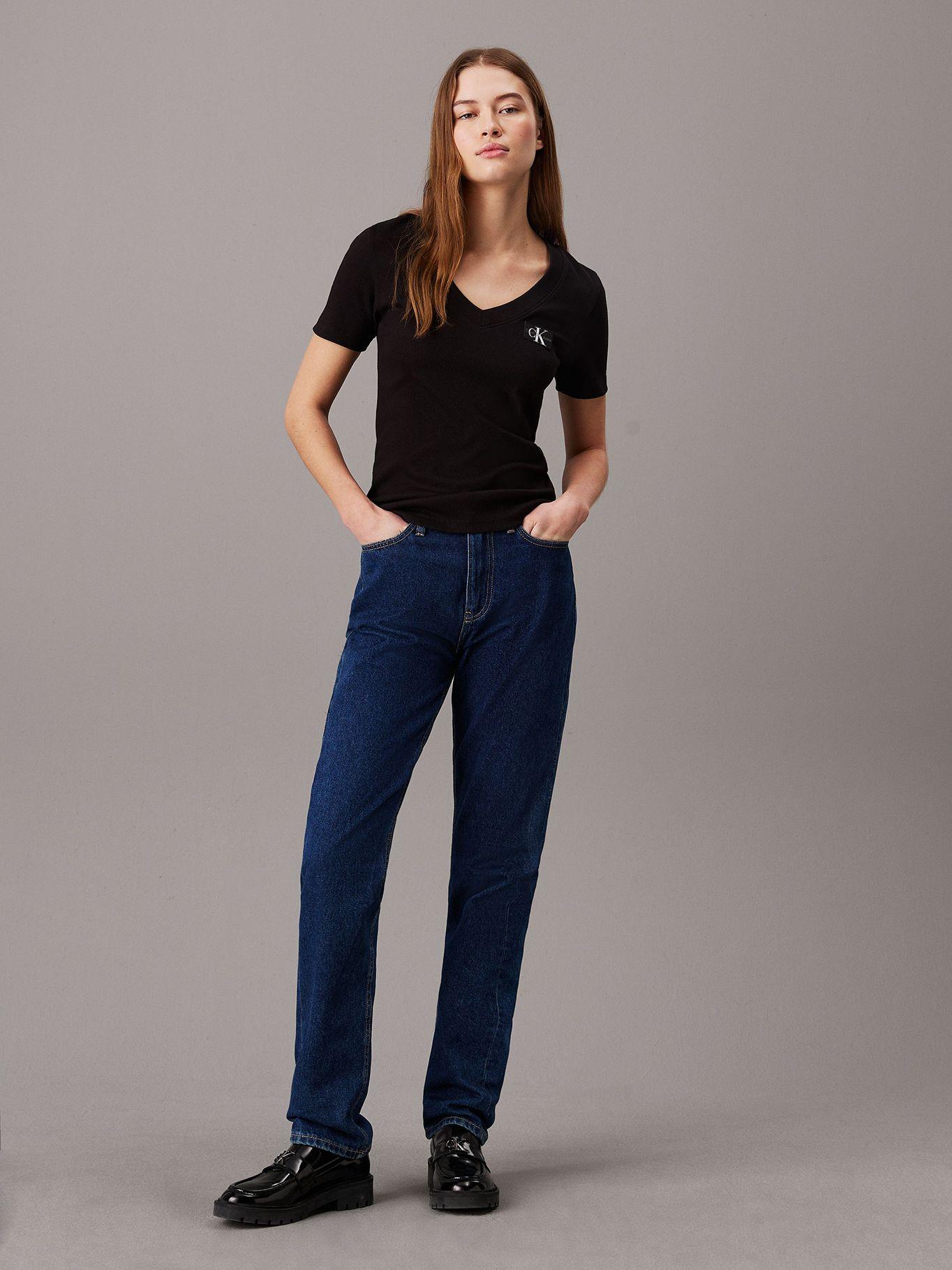 Polera Woven Label Rib V-Neck Negro Calvin Klein-1