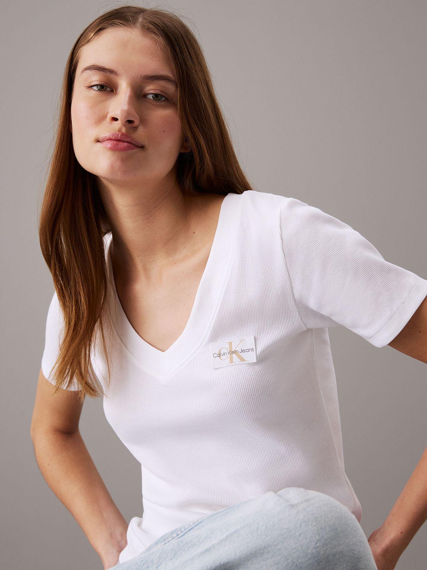 Polera Woven Label Rib V-Neck Blanco Calvin Klein-3