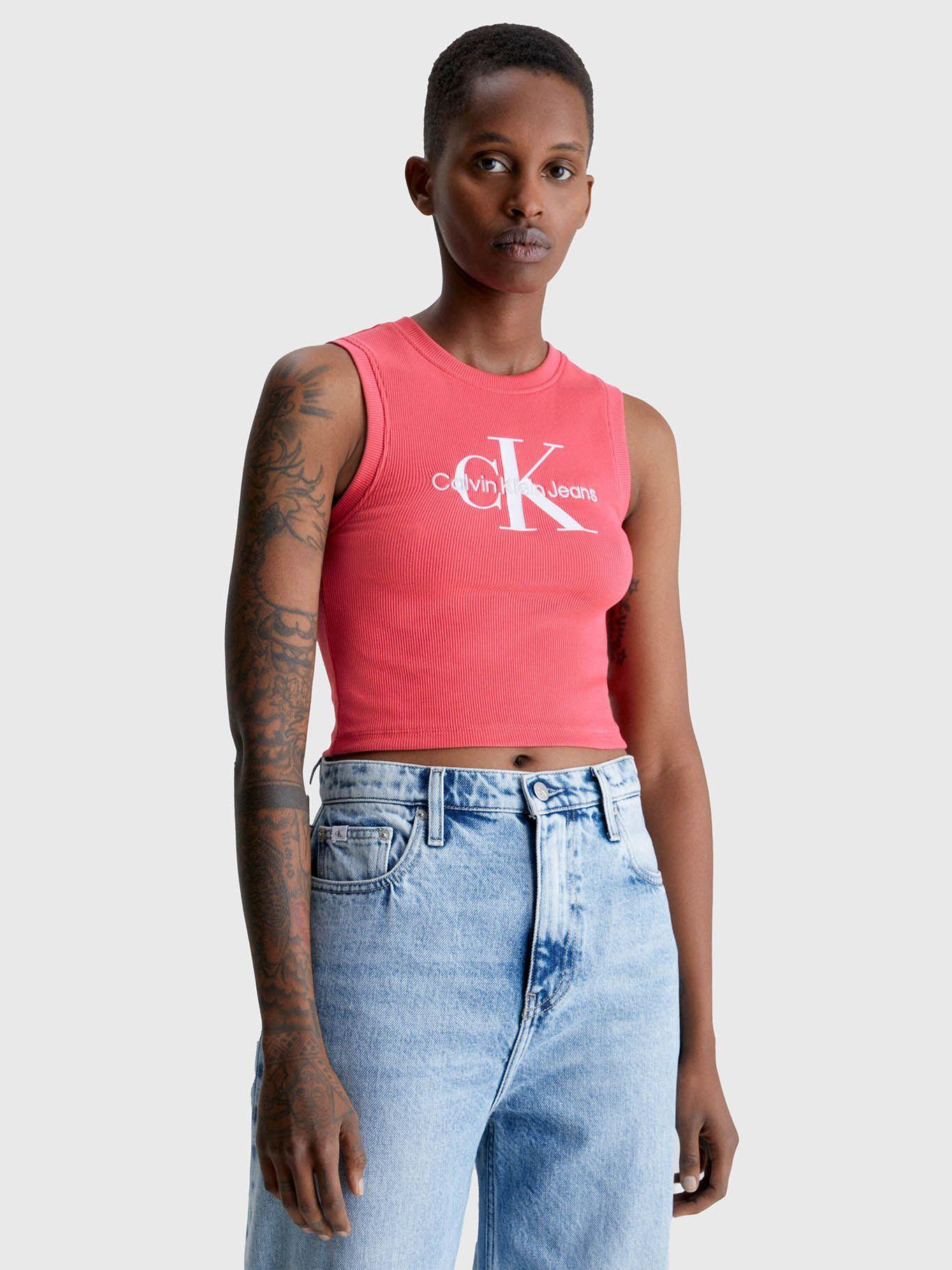Camiseta de tirantes Cropped con monograma Rosado Calvin Klein-0