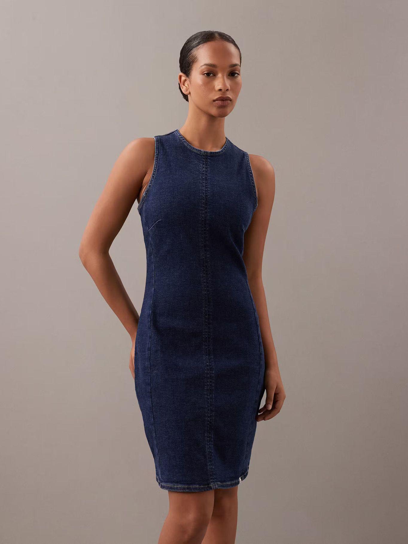 Vestido estilo bodycon denim recortes Azul Calvin Klein-0