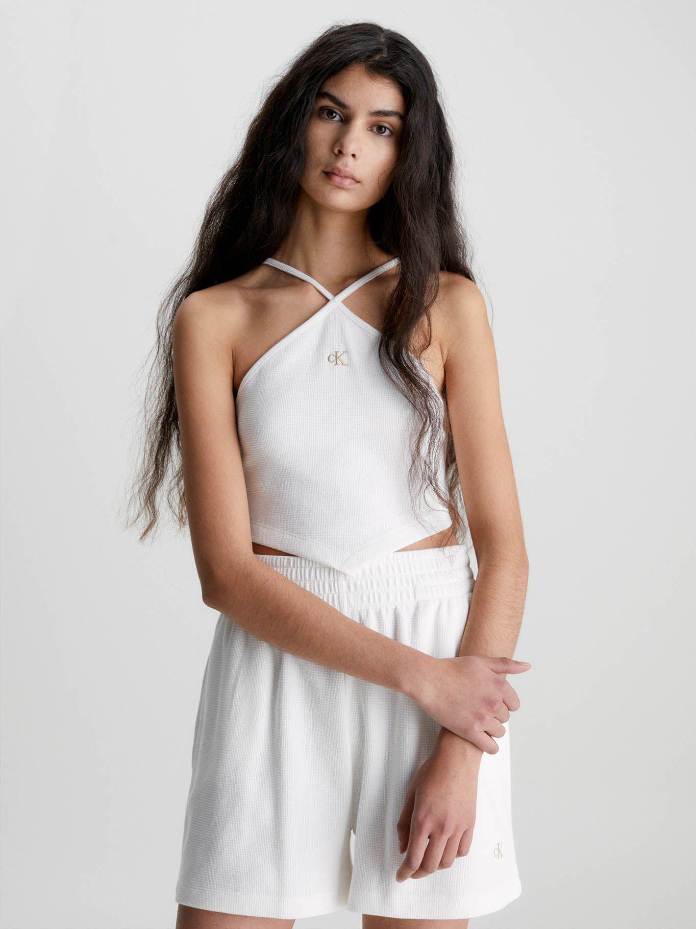 Top cogido al cuello de algodón gofrado Blanco Calvin Klein-0