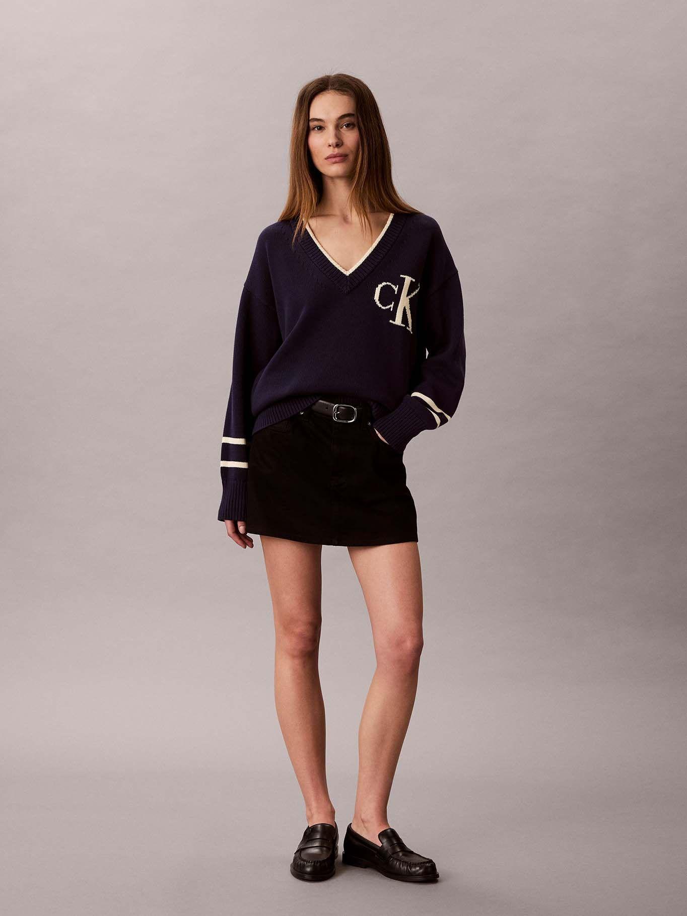 Sweater de Cuello en V con Logo Azul Calvin Klein-1