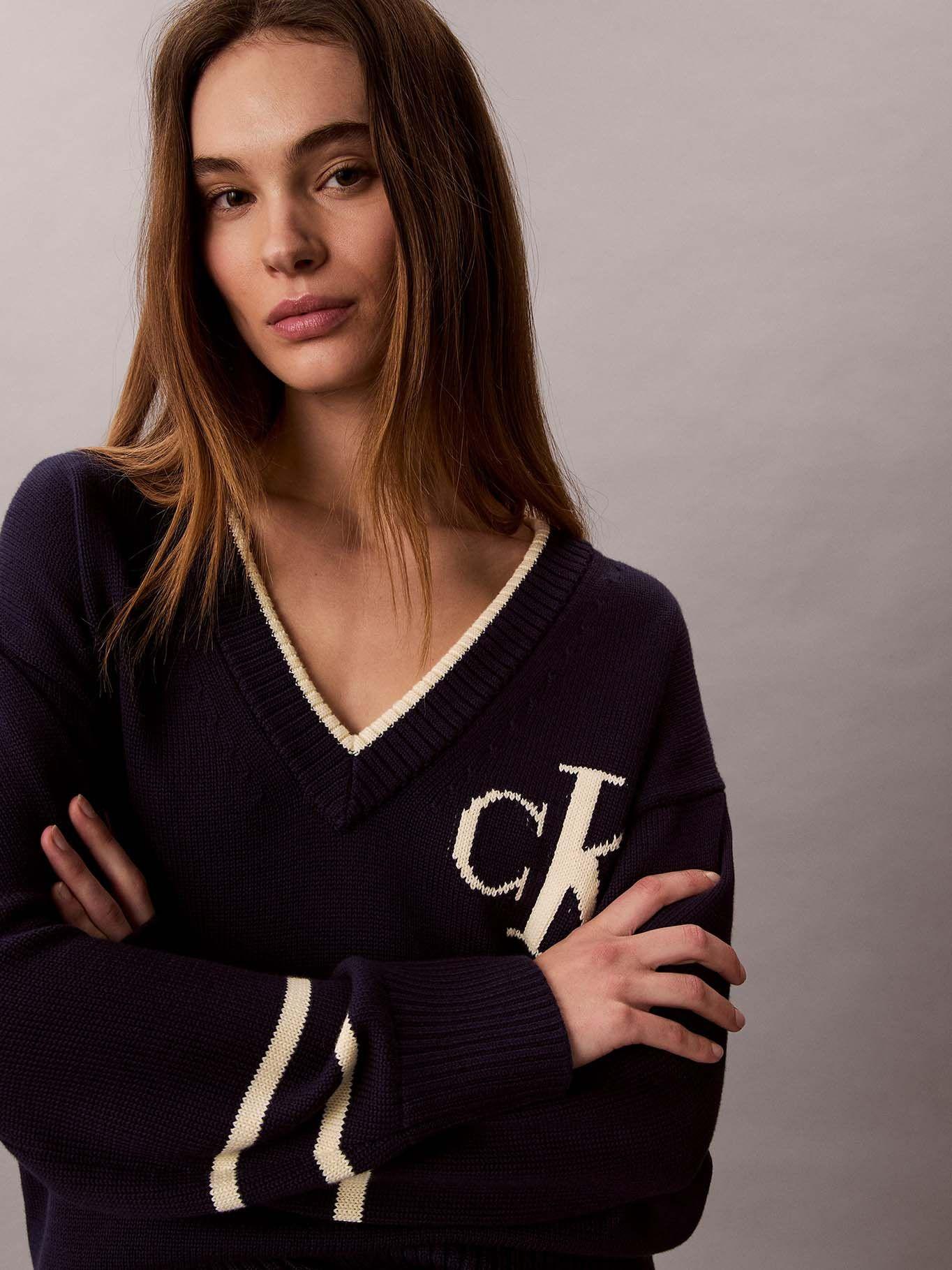 Sweater de Cuello en V con Logo Azul Calvin Klein-3
