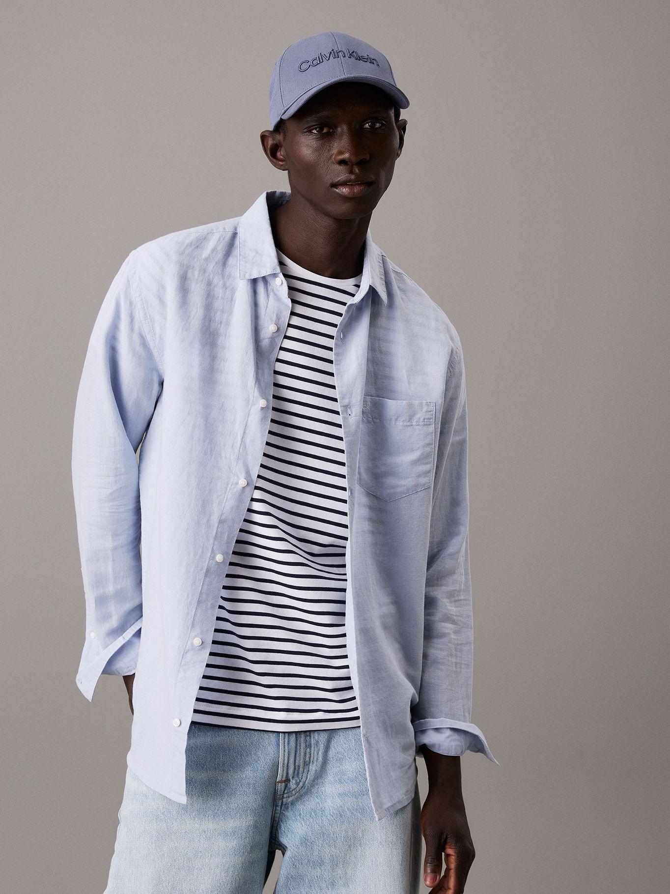 Camisa Regular Fit Lino y Algodón Celeste Calvin Klein-0