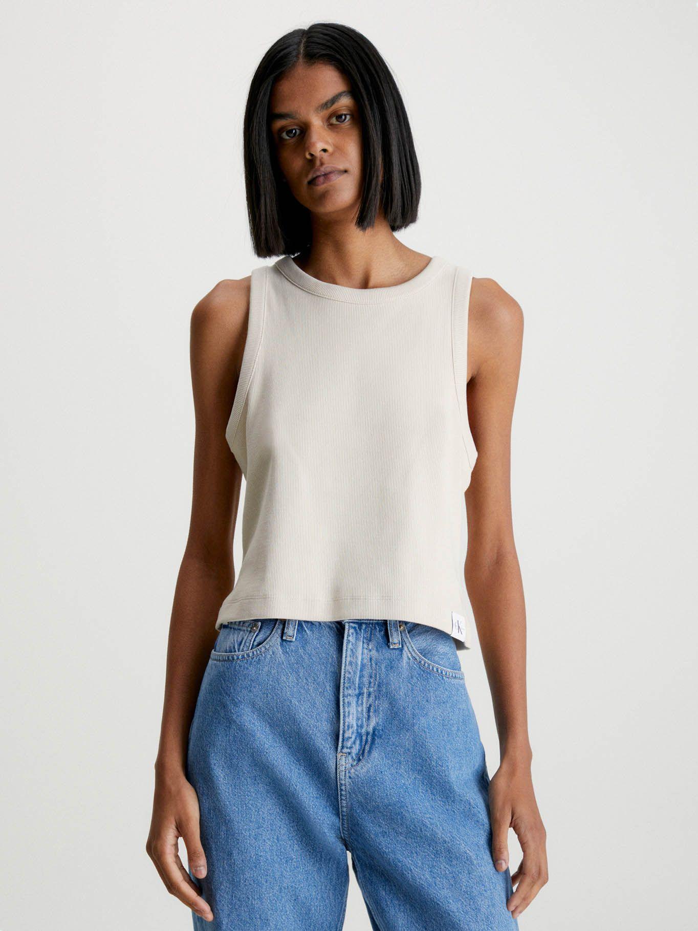 Camiseta de tirantes de canalé de algodón Beige Calvin Klein-0