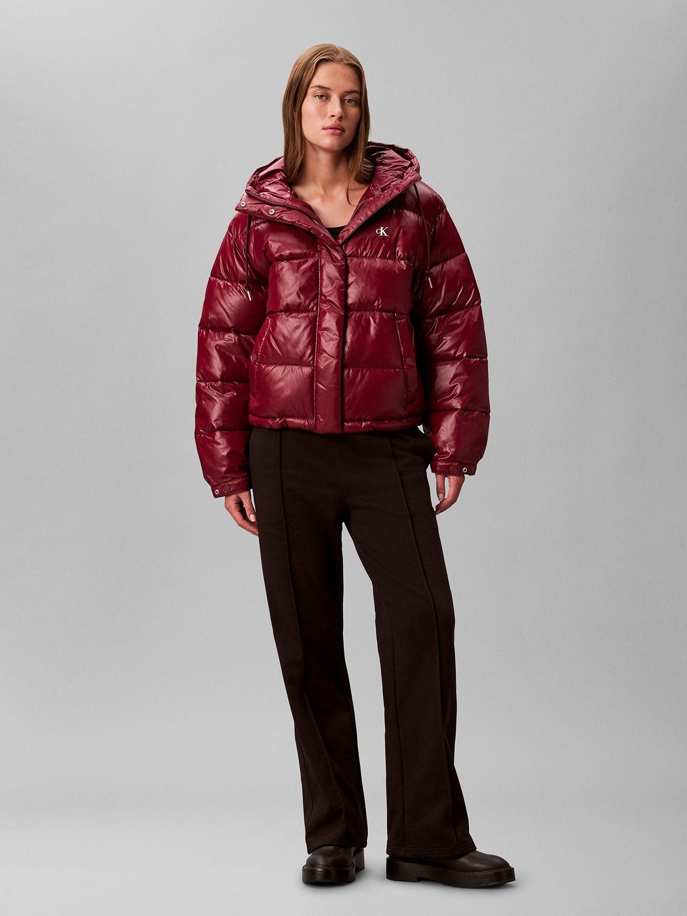Parka Puffer Brillante con Gorro Rojo Calvin Klein-1