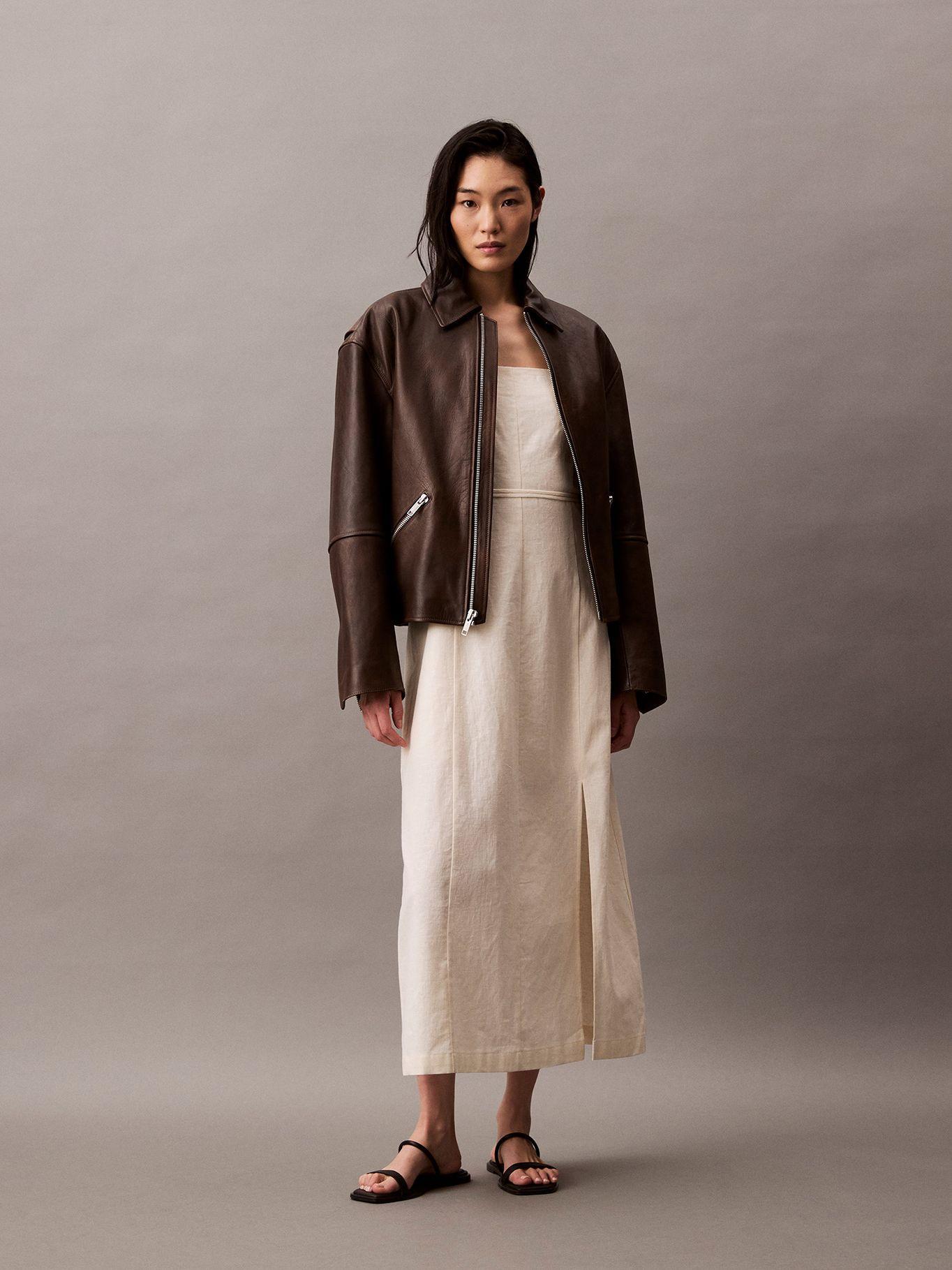 Vestido Midi Linen Tie Beige Calvin Klein-0