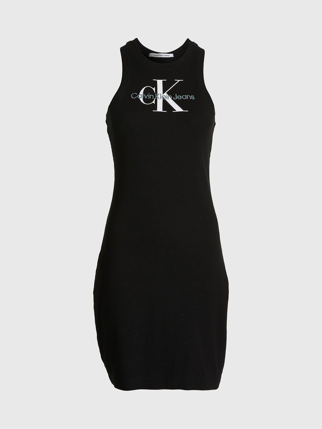 Vestido de tirantes de canalé slim con monograma Negro Calvin Klein-5
