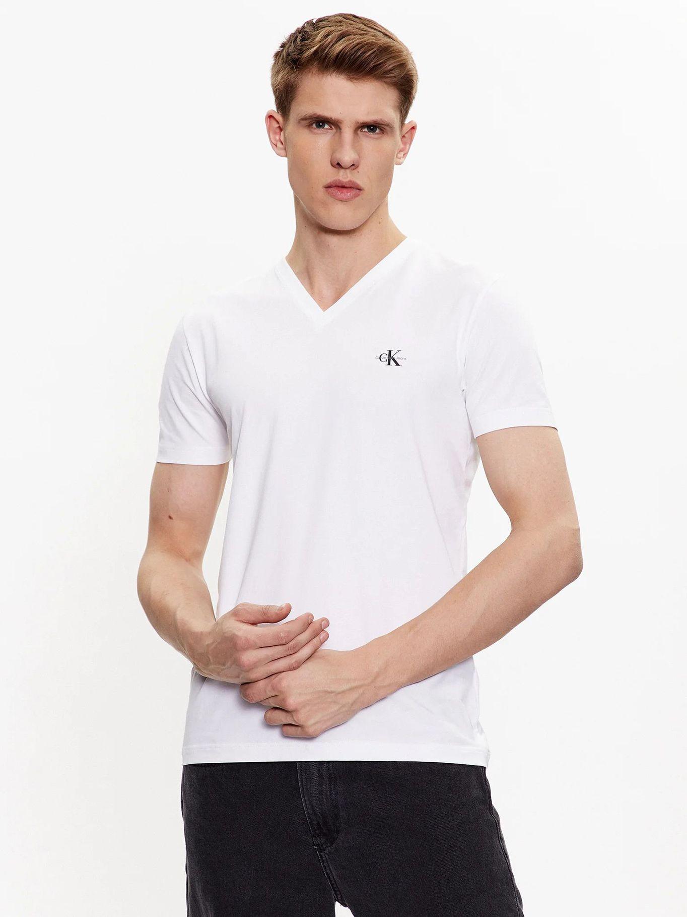 Camiseta con cuello en V y logotipo Blanco Calvin Klein-0
