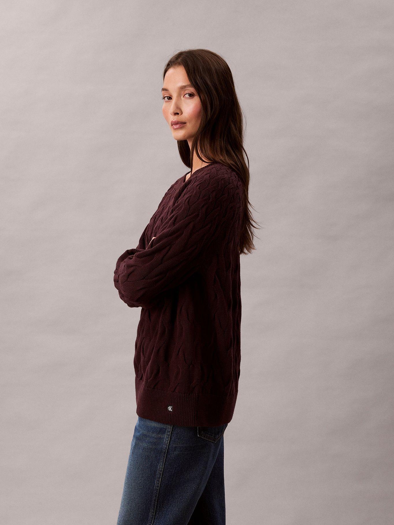 Sweater Tejido Trenzado de Cuello Cafe Calvin Klein-3