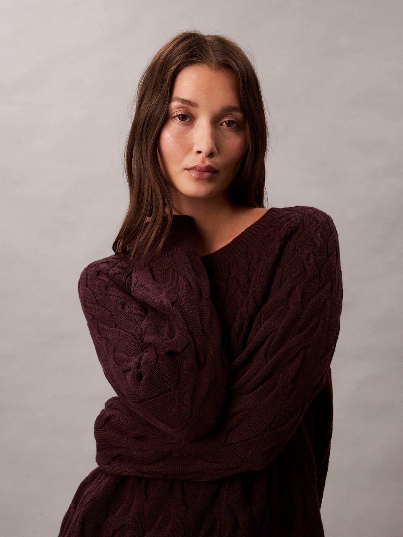 Sweater Tejido Trenzado de Cuello Cafe Calvin Klein-4