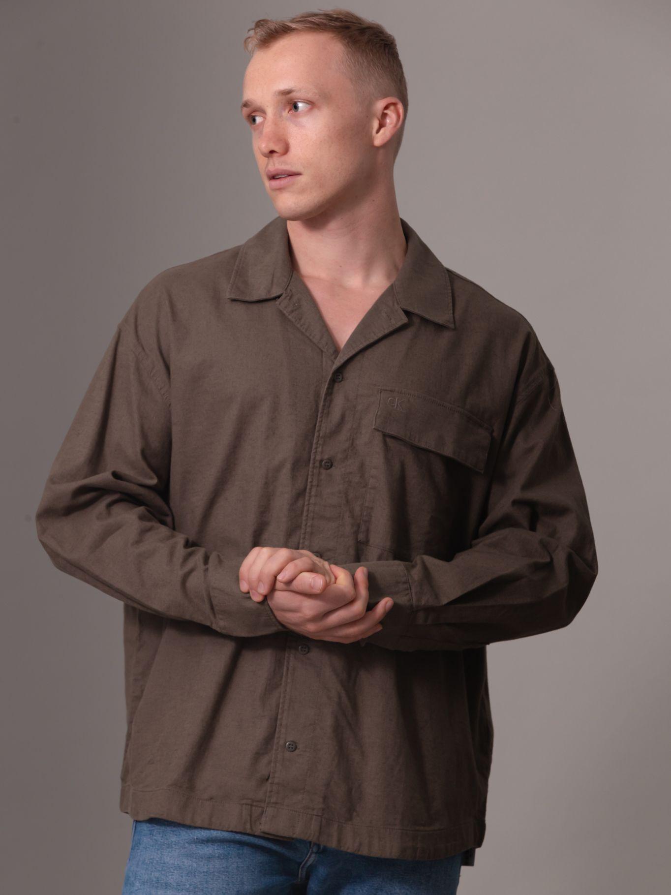 Camisa de lino mangas largas Café Calvin Klein-0