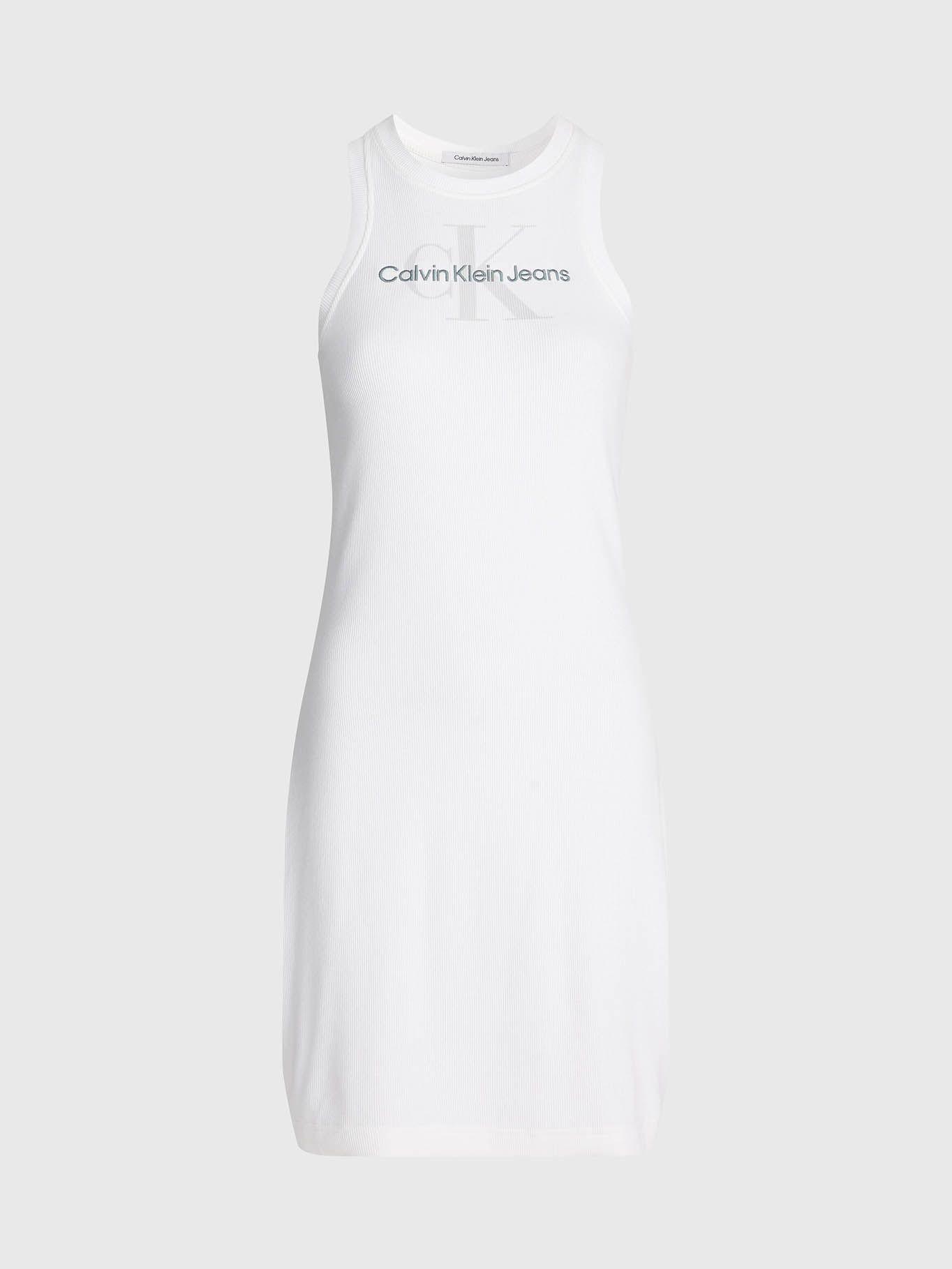 Vestido de tirantes de canalé slim con monograma Blanco Calvin Klein-4