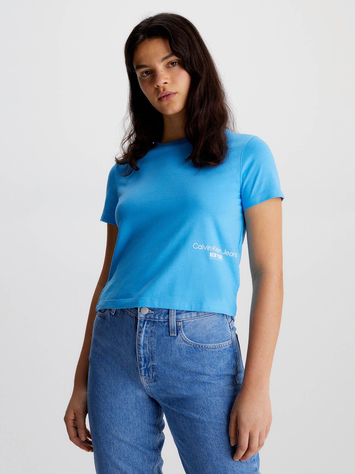 Camiseta Cropped con logo Celeste Calvin Klein-0