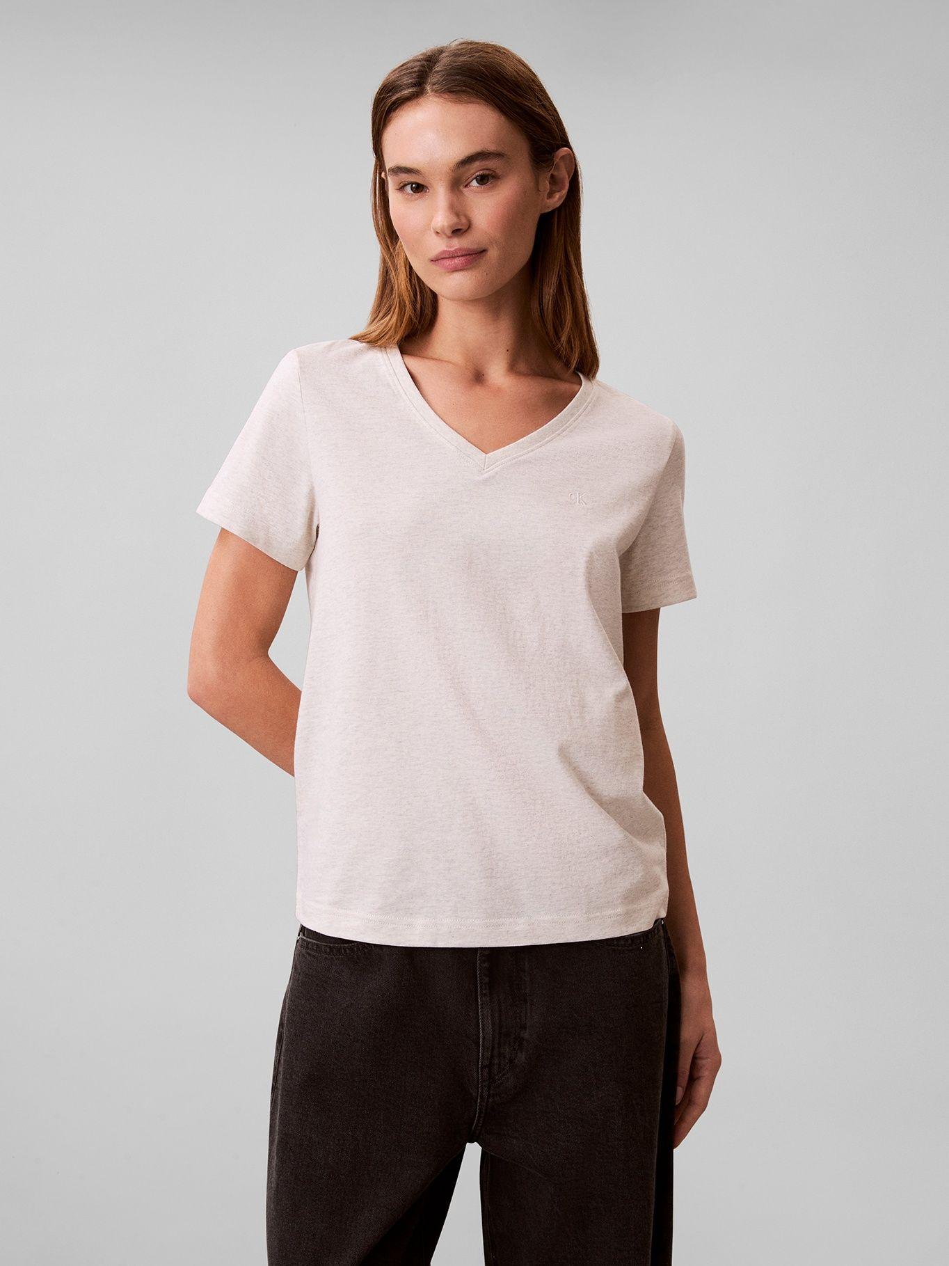 Polera Cuello en V y Logo Archive Beige Calvin Klein-0