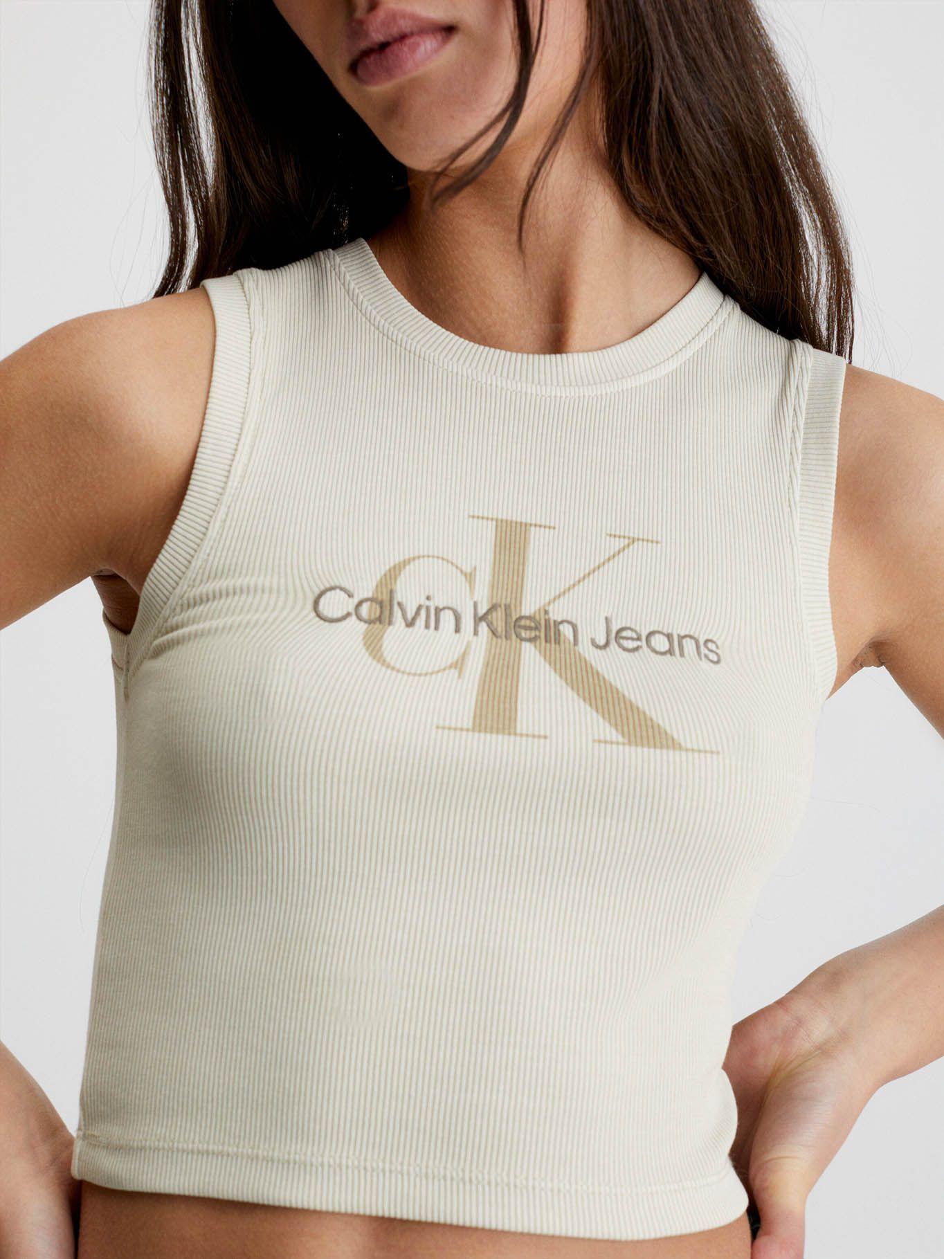 Camiseta de tirantes Cropped con monograma Beige Calvin Klein-3