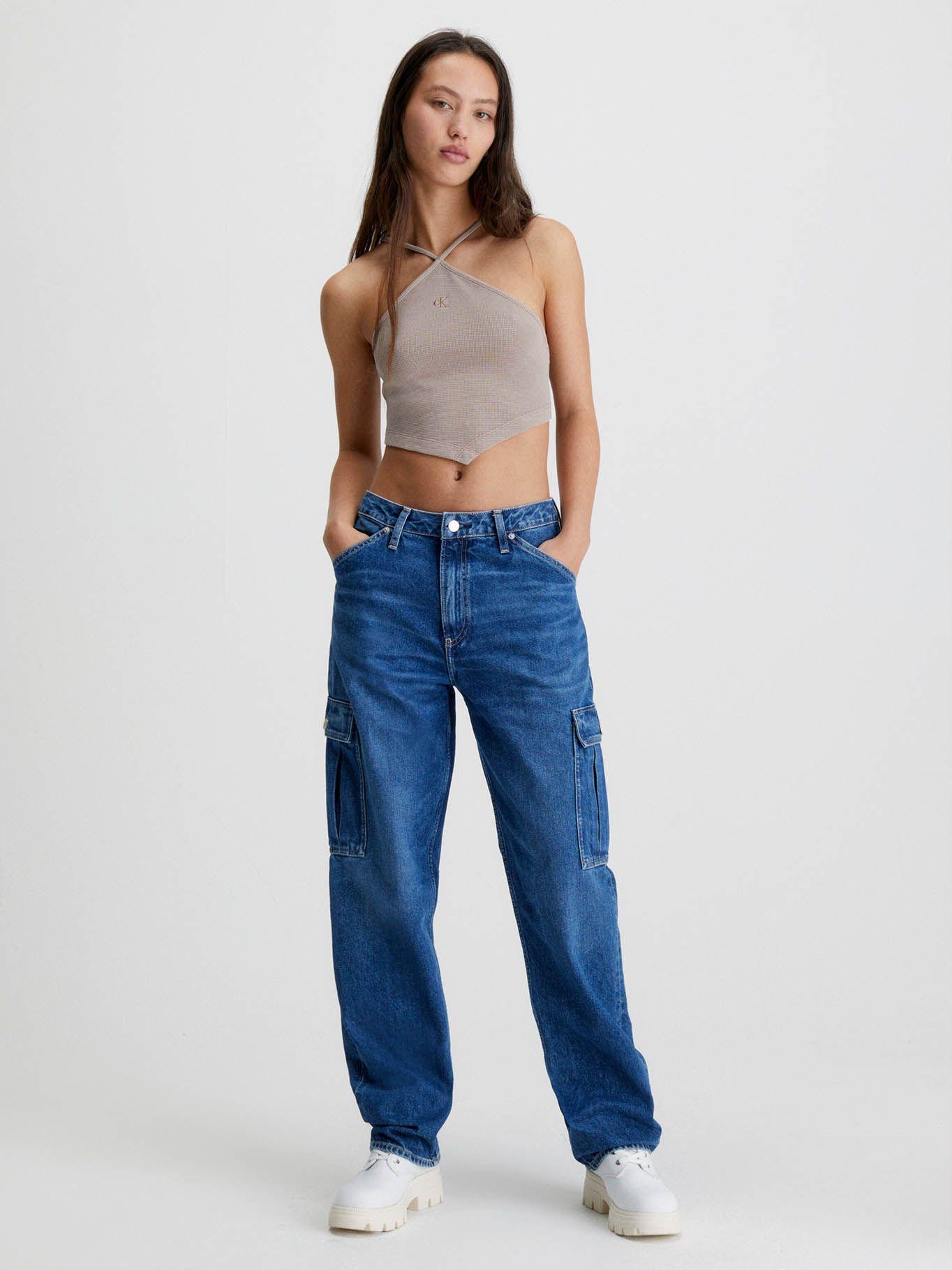 Top cogido al cuello de algodón gofrado Café claro Calvin Klein-1