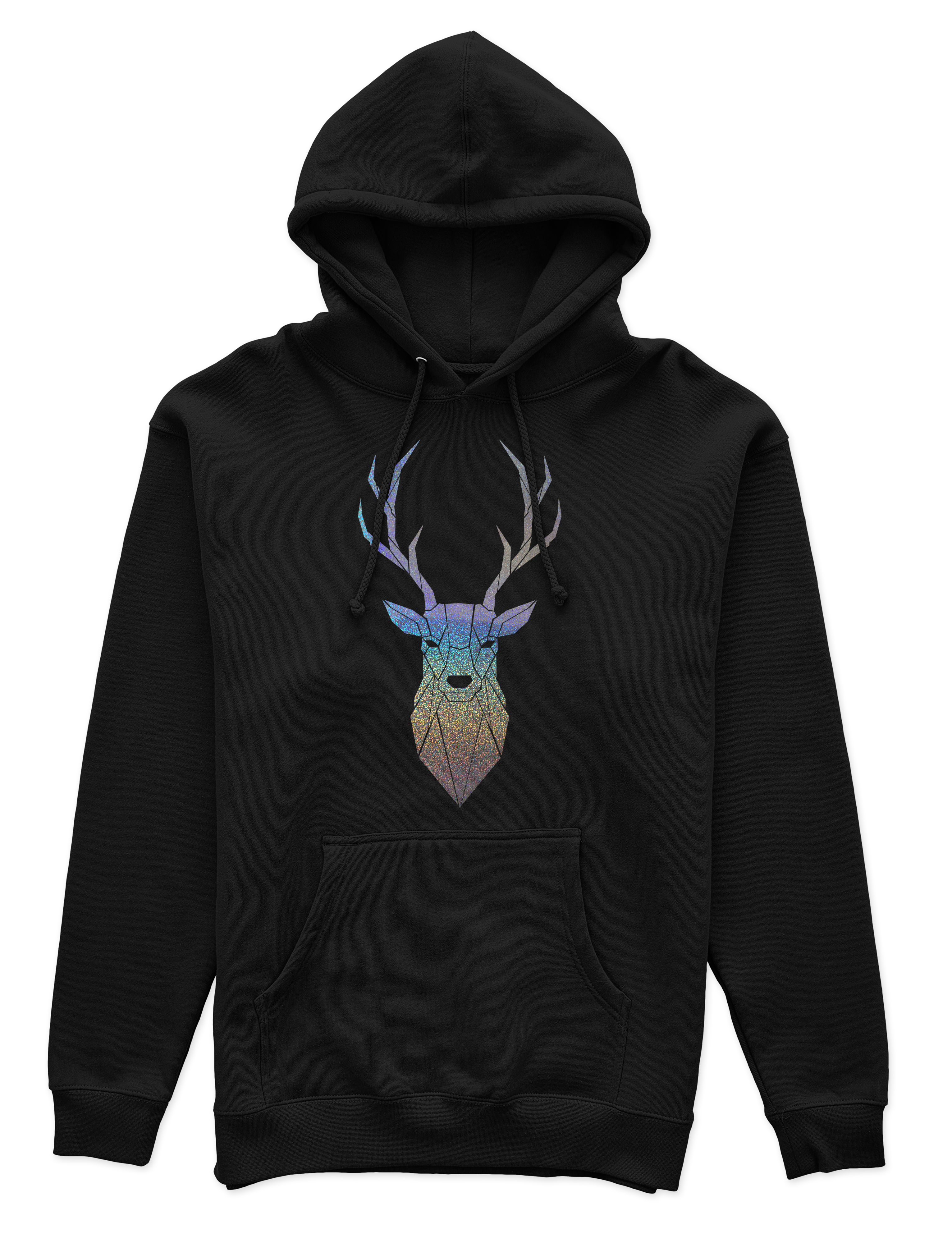 Polerón Canguro Unisex Negro - Ciervo Geométrico holográfico-0