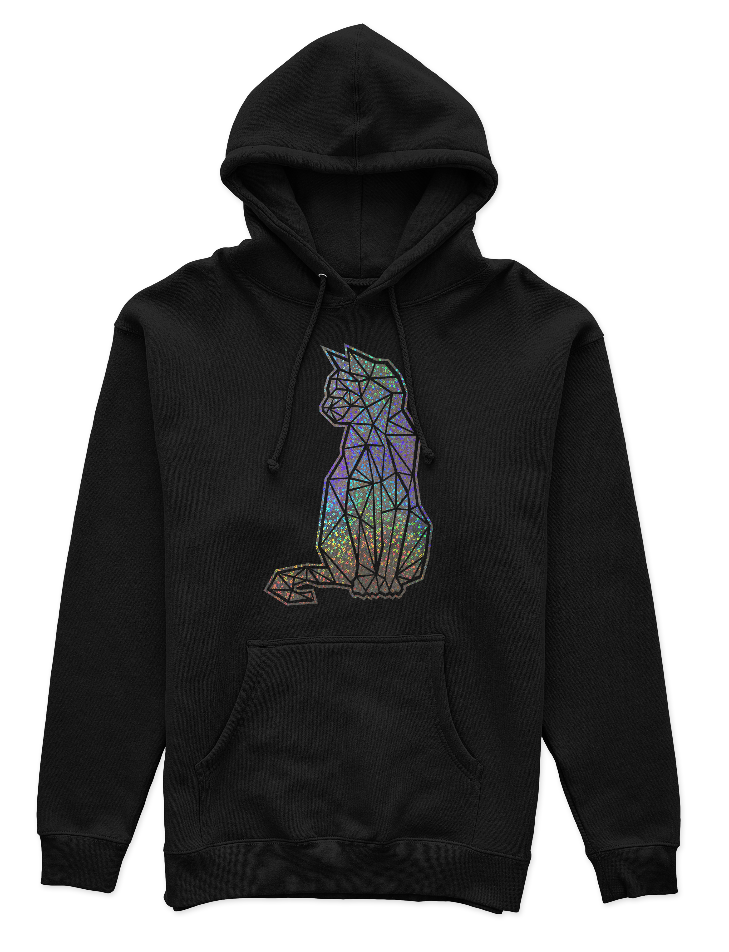 Polerón Canguro Unisex Negro - Gato Geométrico holográfico efecto circulo-0