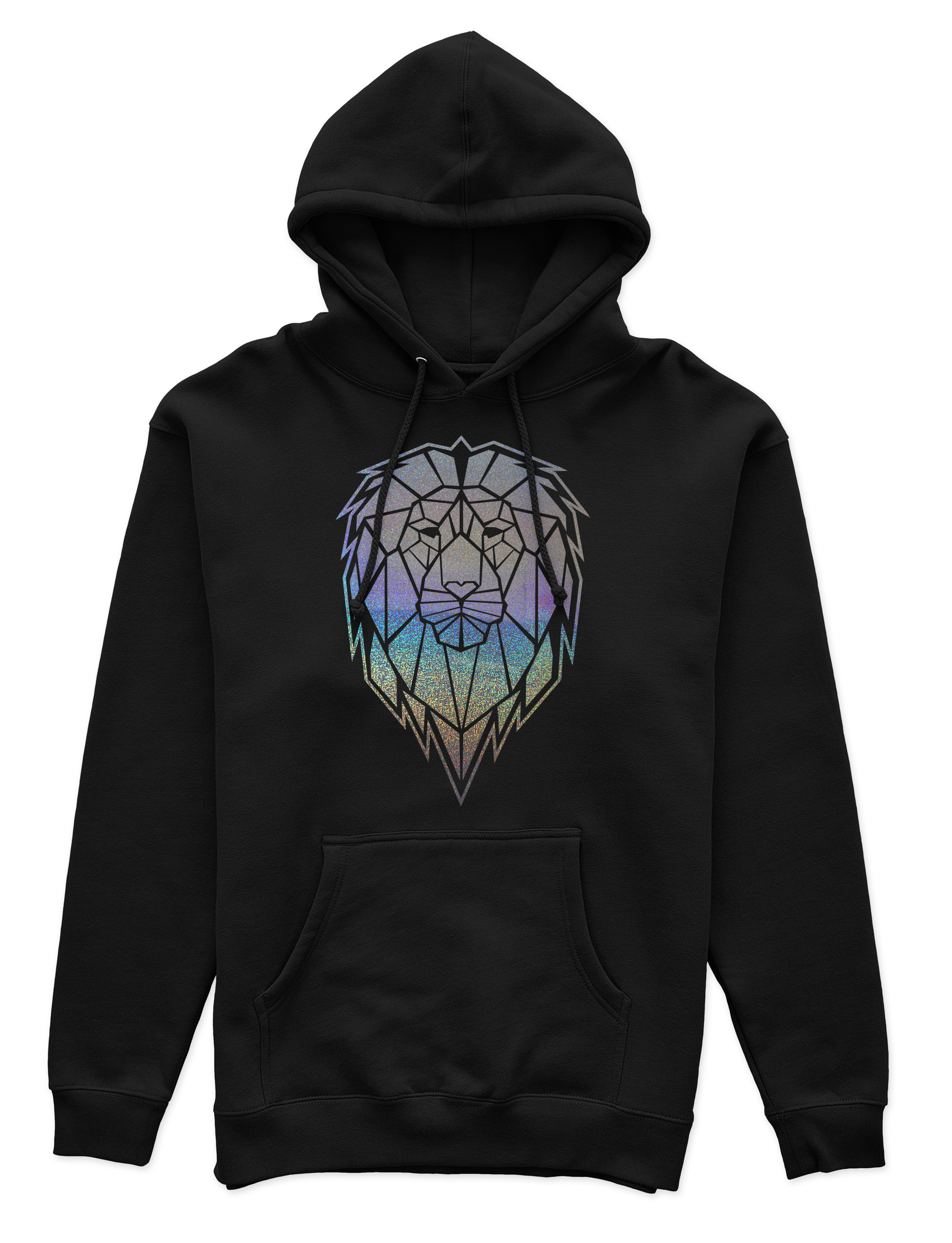 Polerón Canguro Unisex Negro - León Geométrico holográfico-0