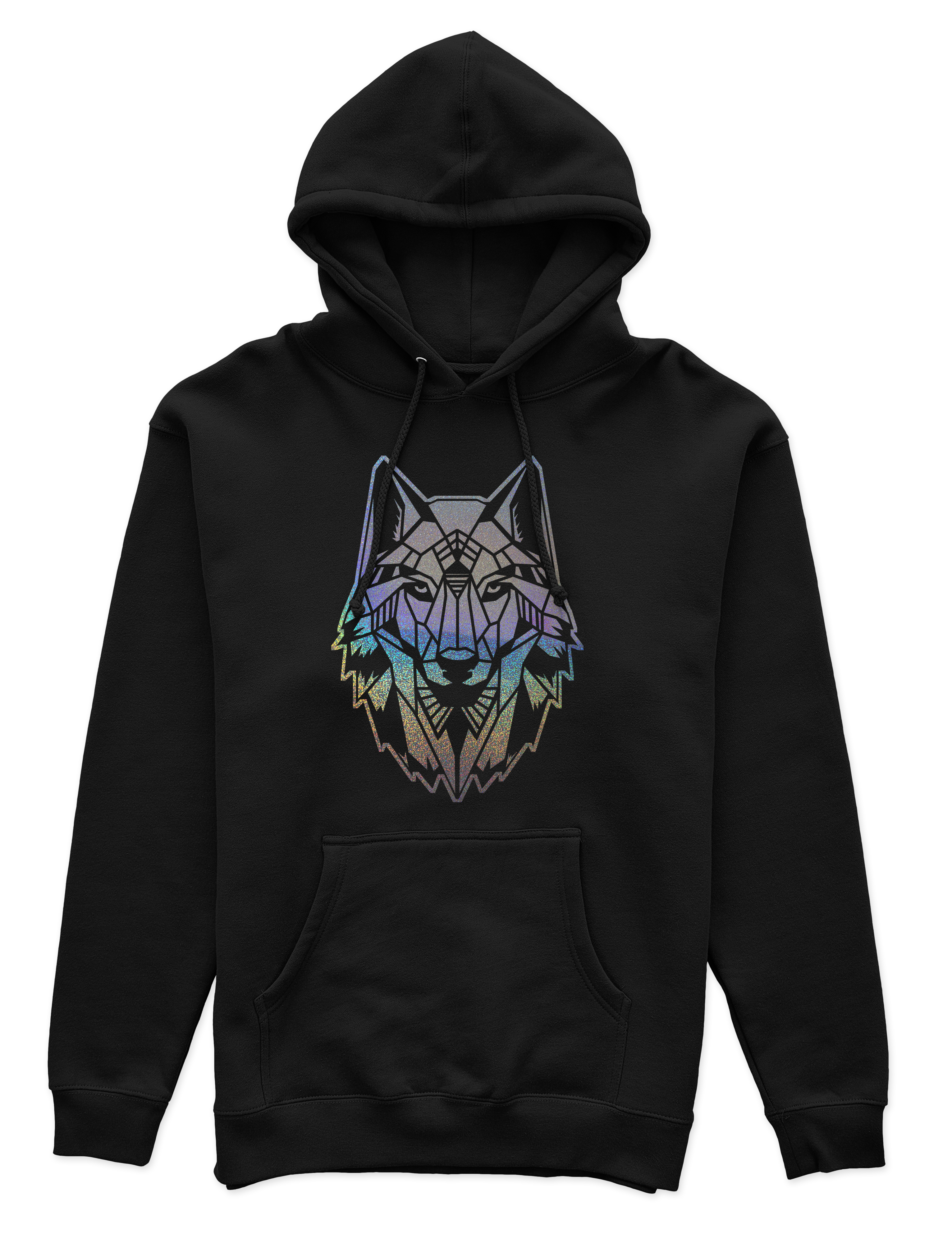 Polerón Canguro Unisex Negro - Lobo Geométrico holográfico-0