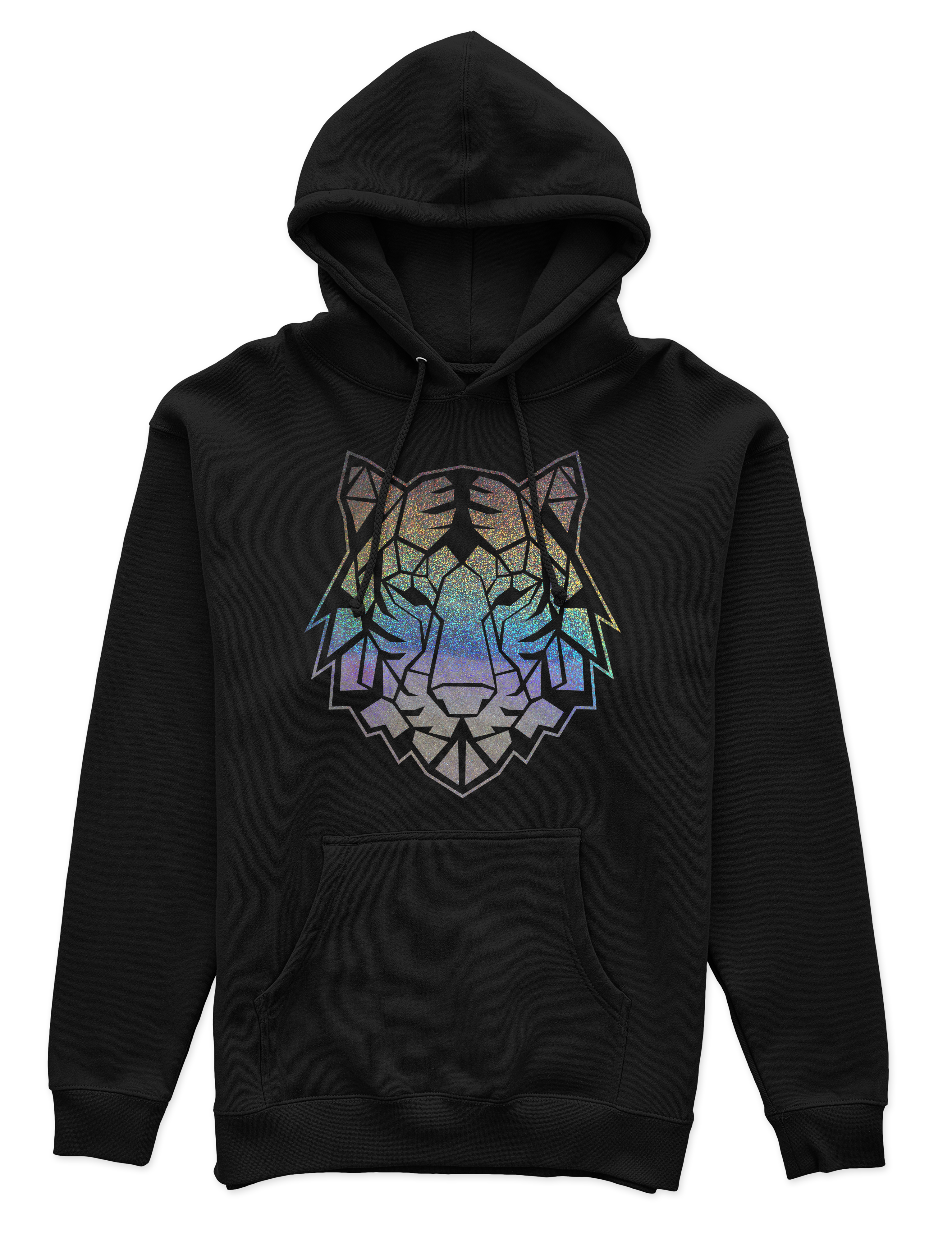 Polerón Canguro Unisex Negro - Tigre Geométrico holográfico-0