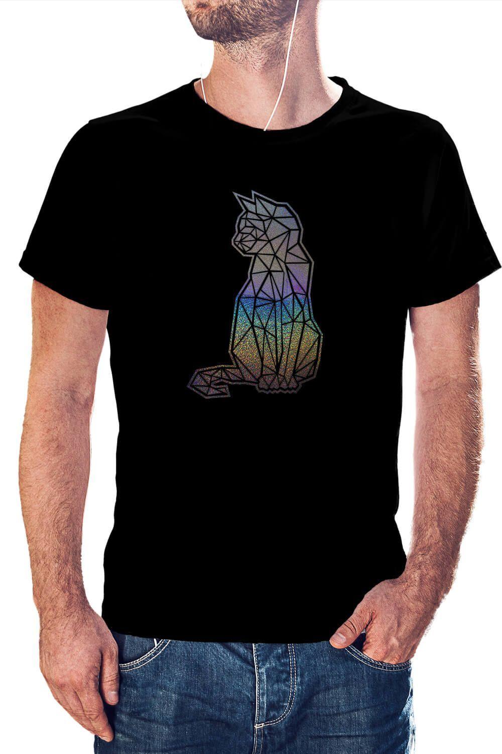 Polera Hombre diseño Gato Geométrico Holografico -0