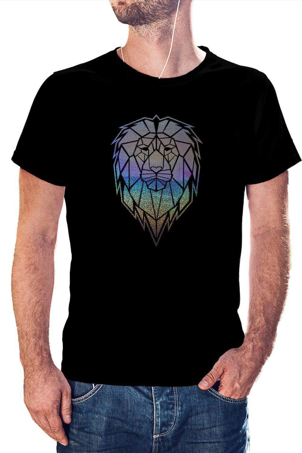Polera Hombre diseño León Geométrico Holografico -0