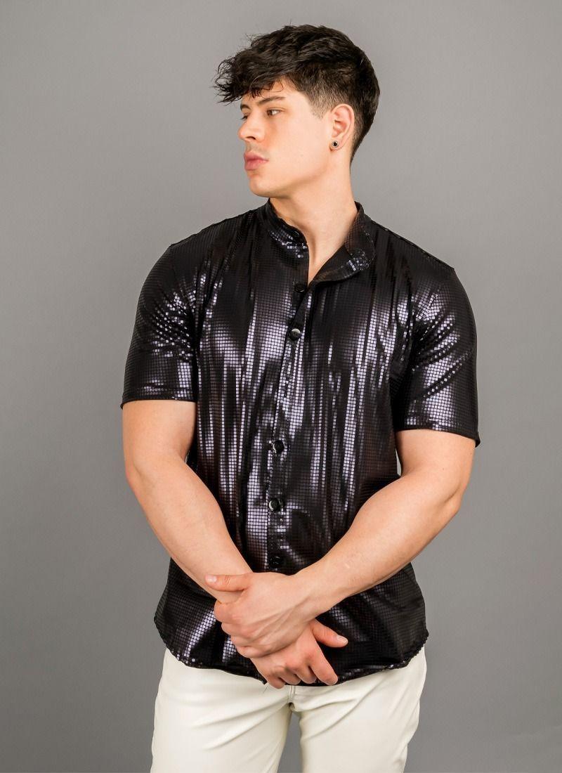 Camisa Praga negro lentejuelas cuadros cod33936-0