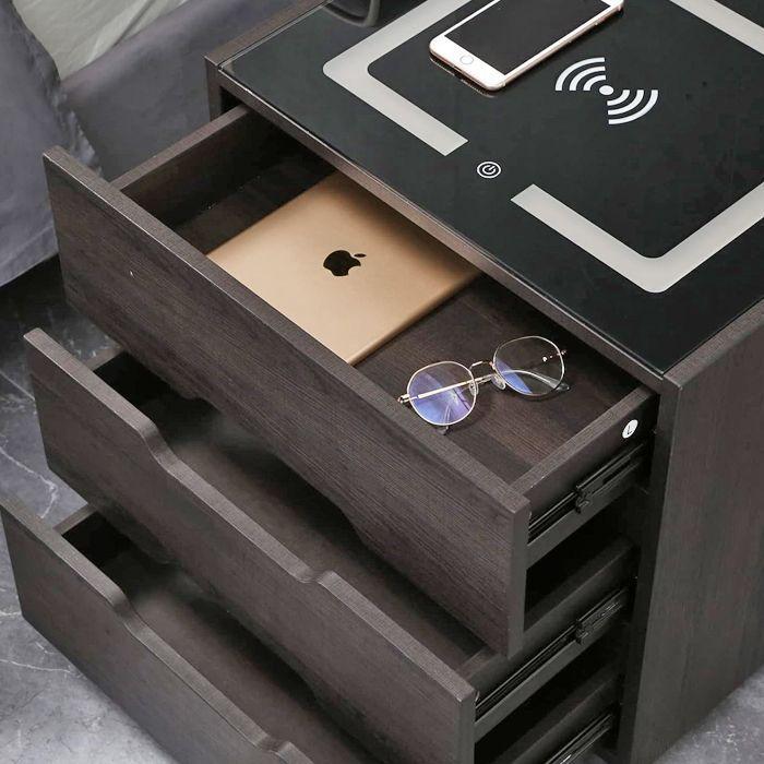 PAR DE VELADORES MESA DE NOCHE INTELIGENTE CON LUZ USB CARGADOR INALÁMBRICO-2