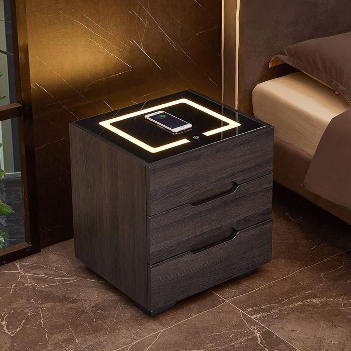 PAR DE VELADORES MESA DE NOCHE INTELIGENTE CON LUZ USB CARGADOR INALÁMBRICO-4