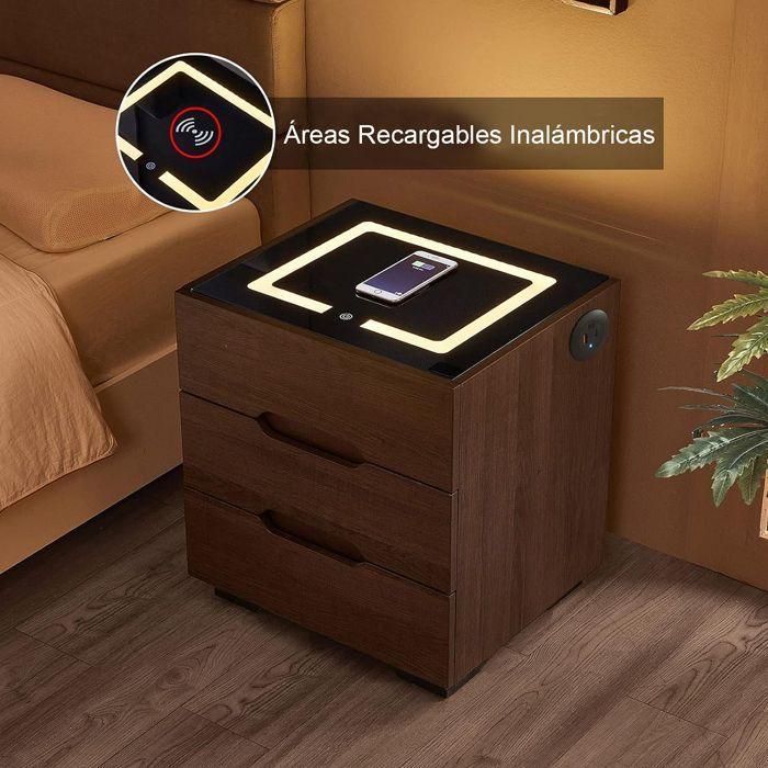 PAR DE VELADORES MESA DE NOCHE INTELIGENTE CON LUZ USB CARGADOR INALÁMBRICO-5