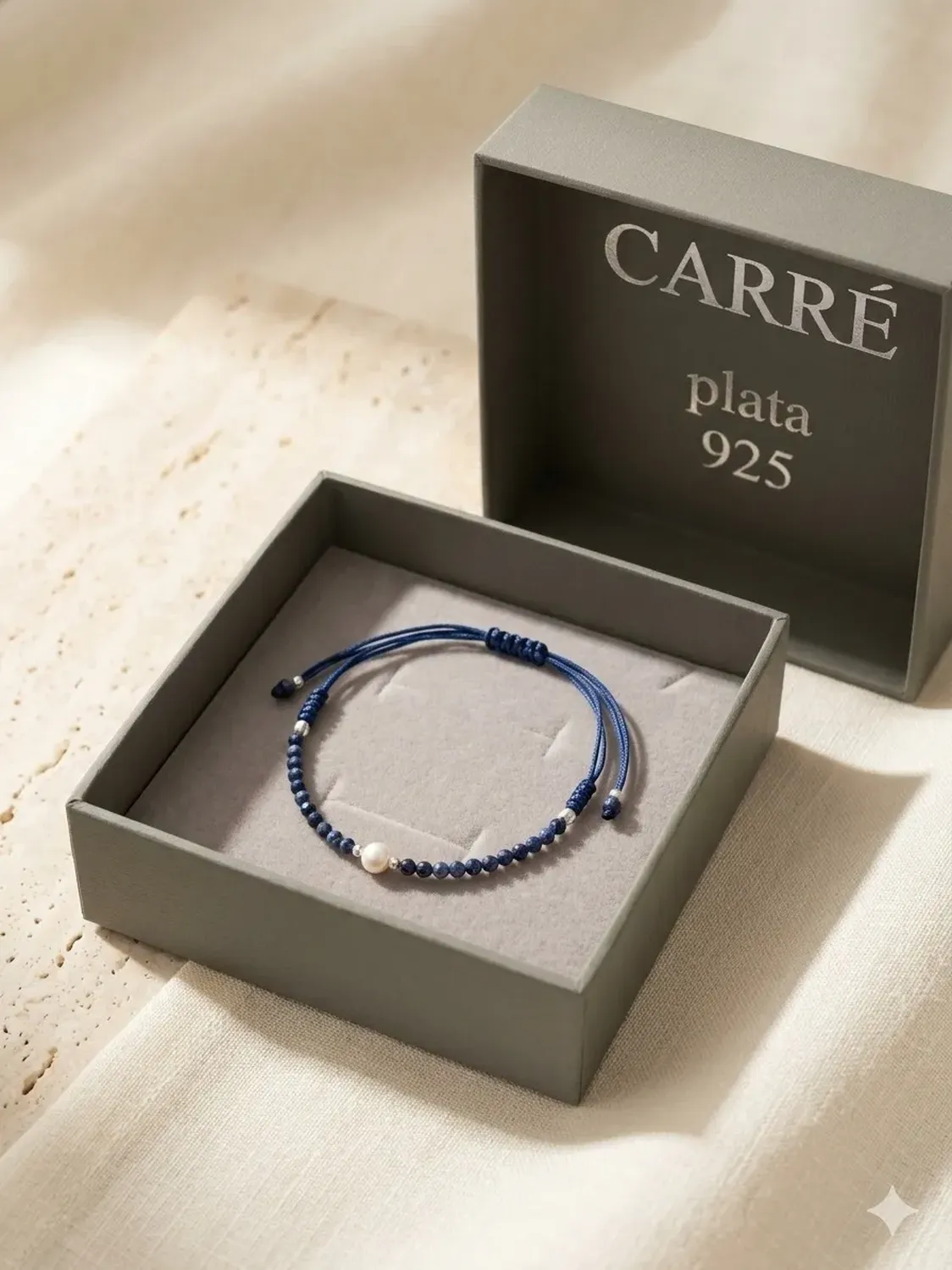 Pulsera Plata Carré Tejida Macrame Azul,perla De Rio Natural Azul-0