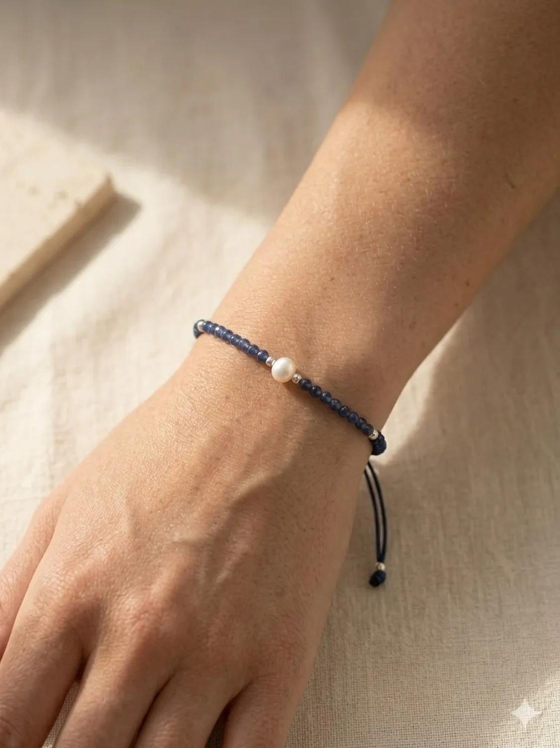 Pulsera Plata Carré Tejida Macrame Azul,perla De Rio Natural Azul-2