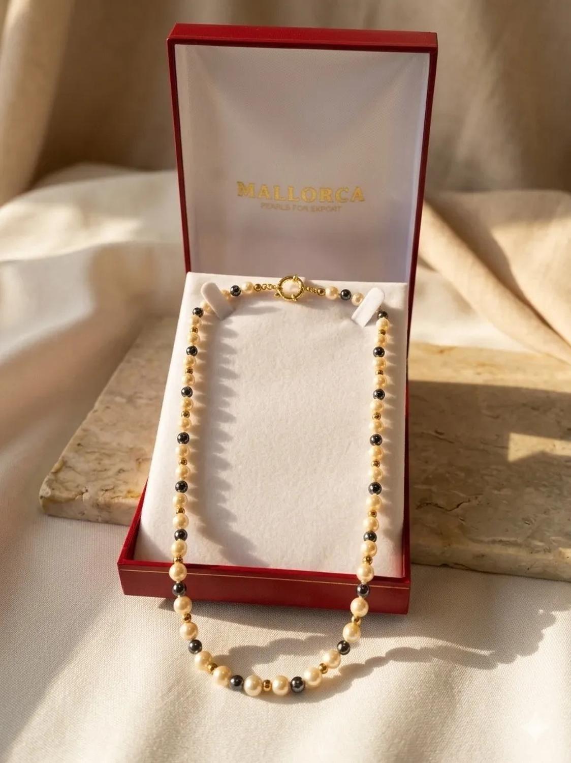 Collar Mallorca Perla Clasica 6mm, Hematita 5mm-bolita Crema-0