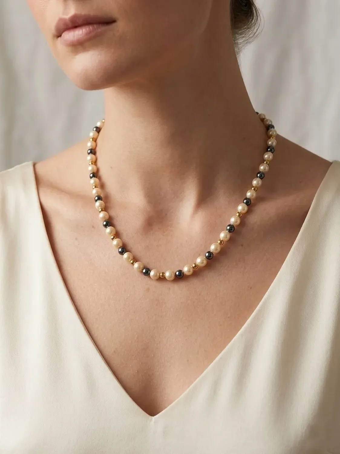 Collar Mallorca Perla Clasica 6mm, Hematita 5mm-bolita Crema-2