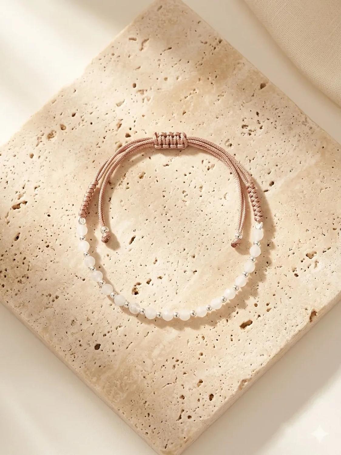 Pulsera Plata Carre Tejida En Macrame Rosa Palido Y Cristal Rosa Pálido-1