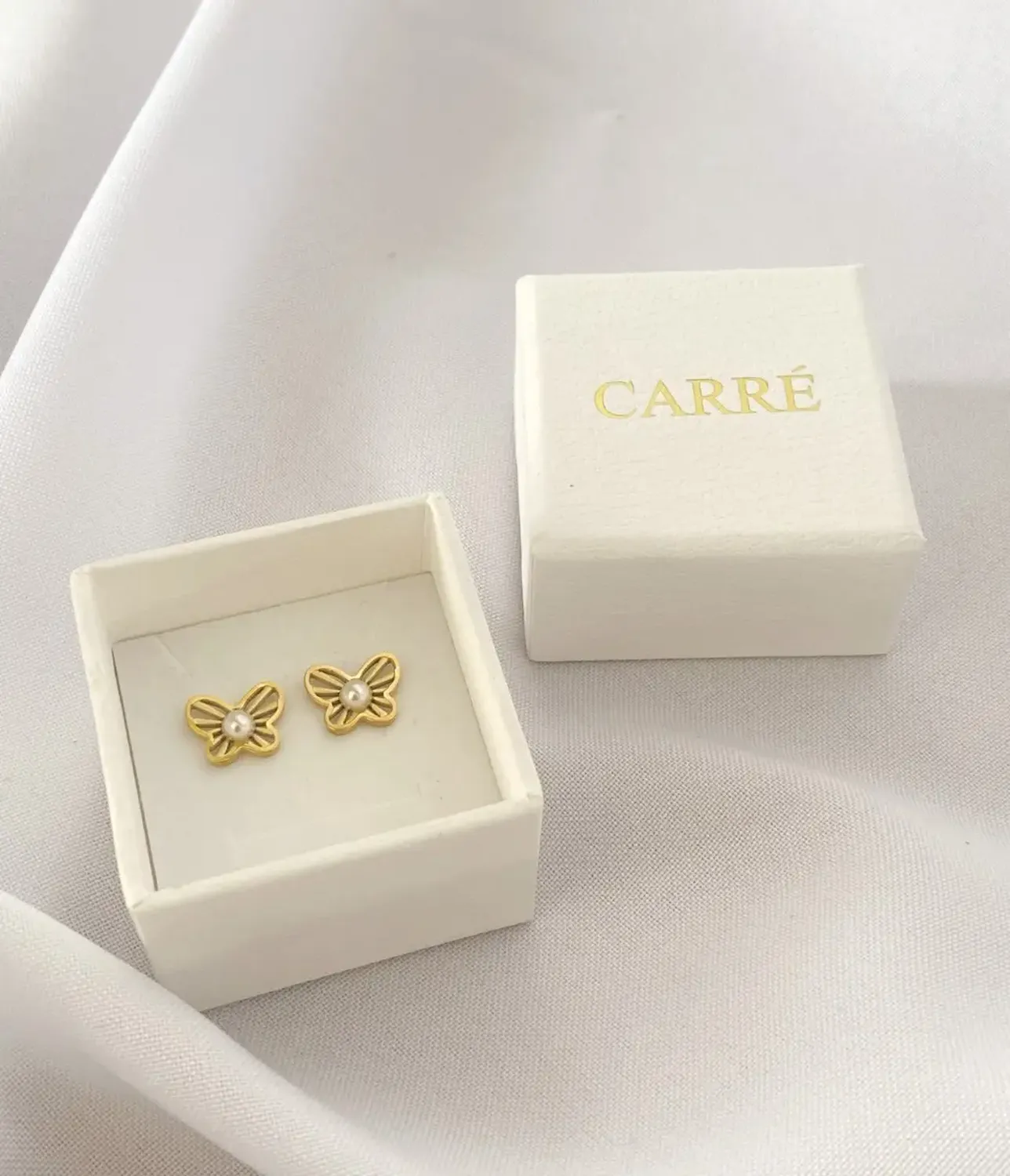 Aros Carré Acero Enchapado En Oro 18k Mariposa Amarillo-2