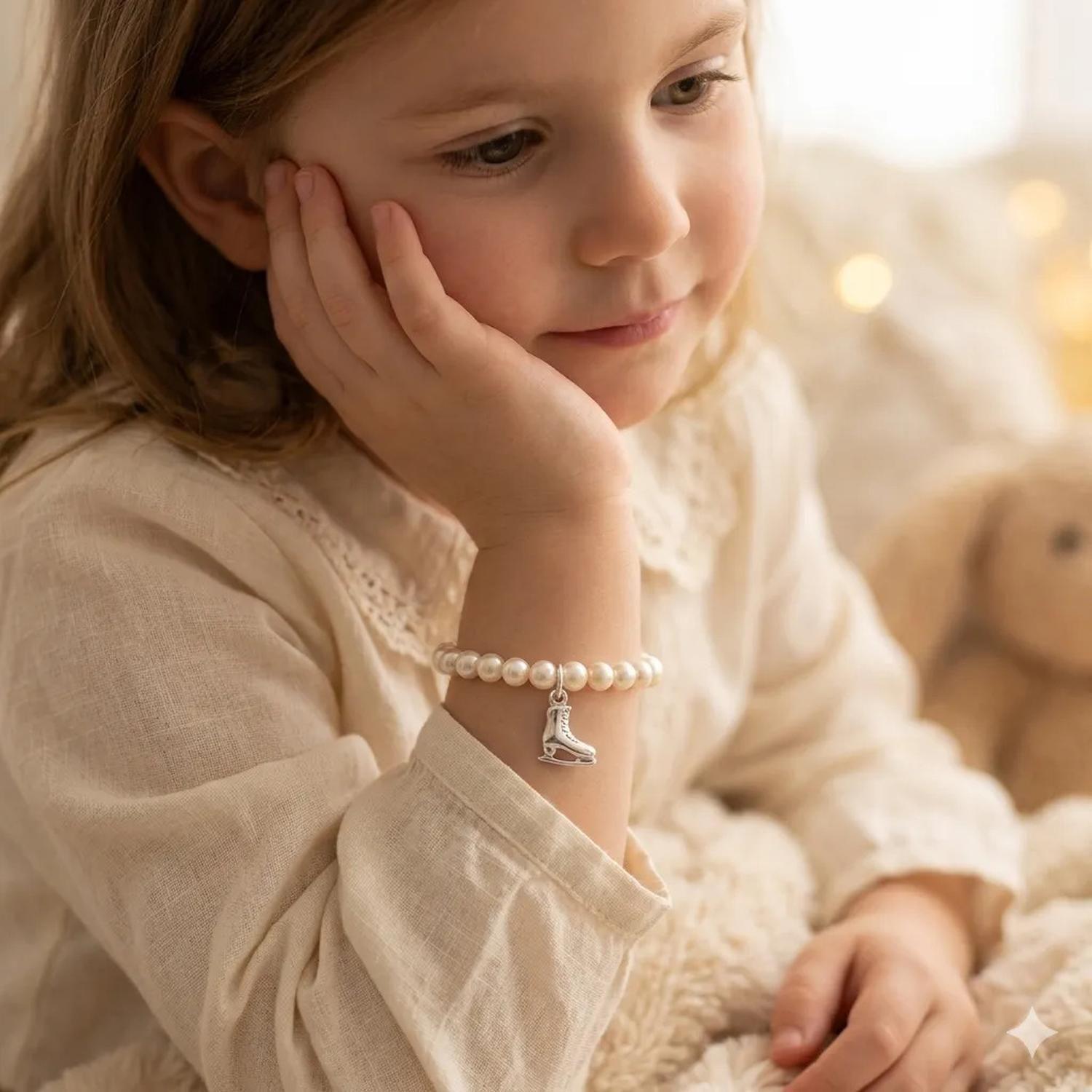 Pulsera Mallorca Rafaela Niña Perla Blanca, Bolitas Y Patin Blanco 4.5 Cm 14 Cm-1