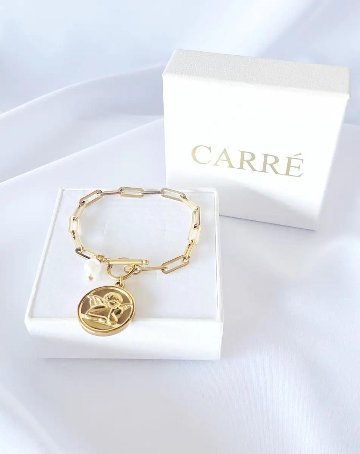 Pulsera Carre Eslabon Medalla Angel, Perla Enchapado Oro 18k Amarillo-0