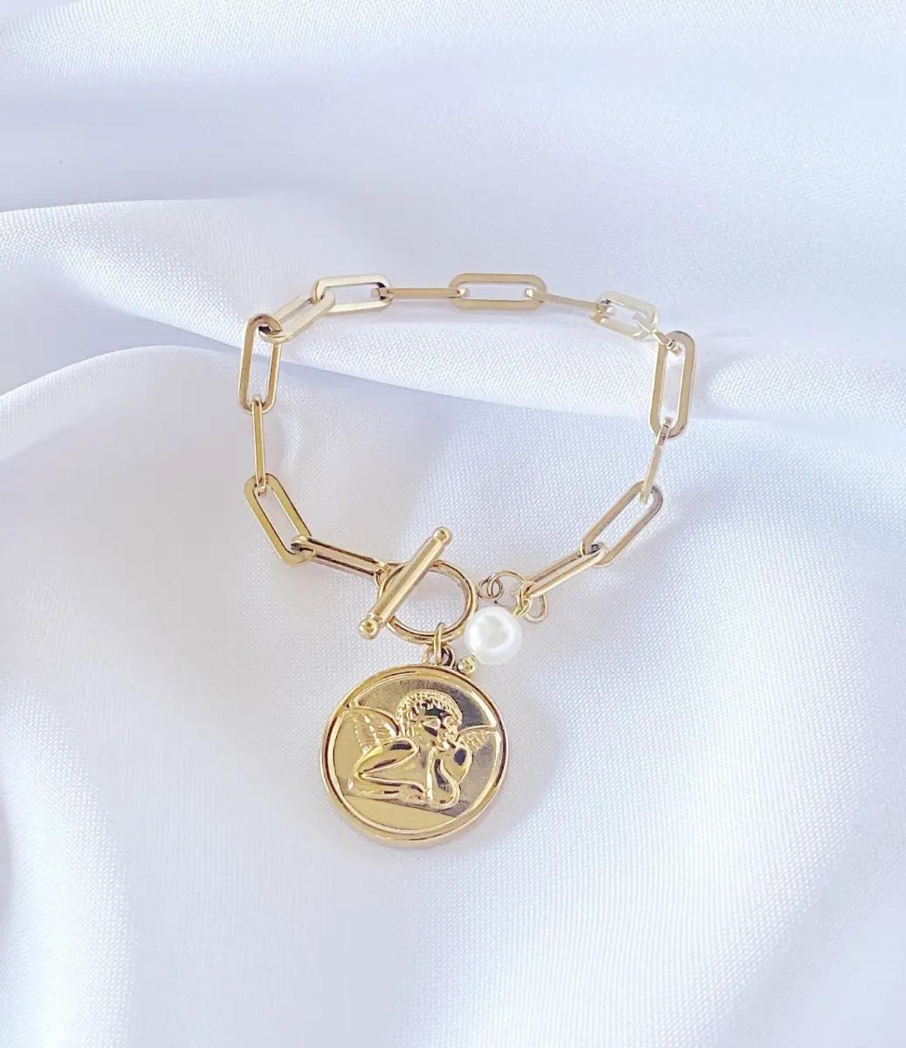 Pulsera Carre Eslabon Medalla Angel, Perla Enchapado Oro 18k Amarillo-1