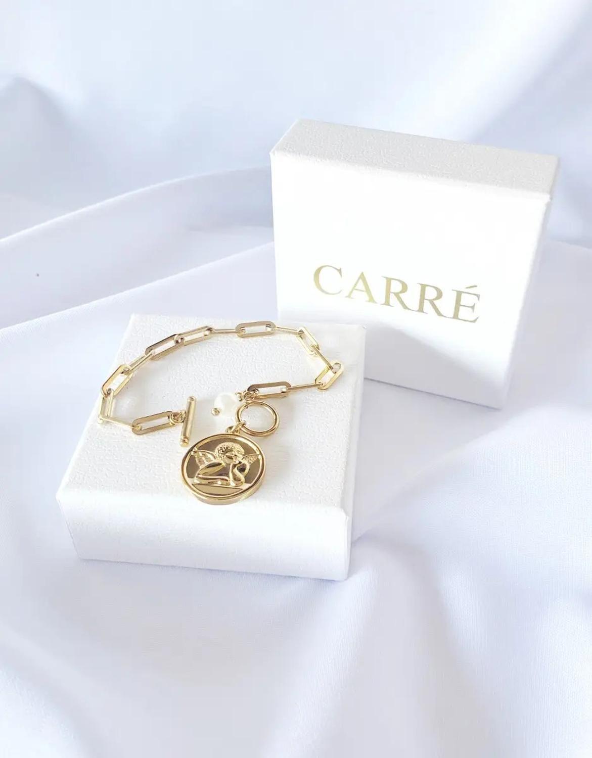 Pulsera Carre Eslabon Medalla Angel, Perla Enchapado Oro 18k Amarillo-2