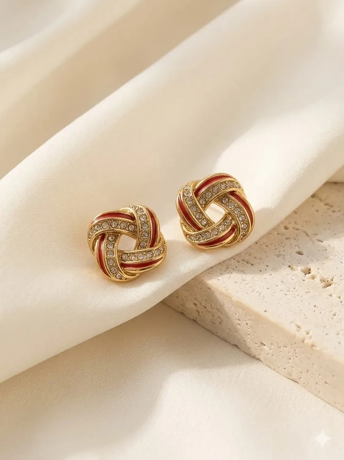 Aro Carré Mujer Esmaltado Rojo Con Circón Enchapado Oro 18 K Dorado-2