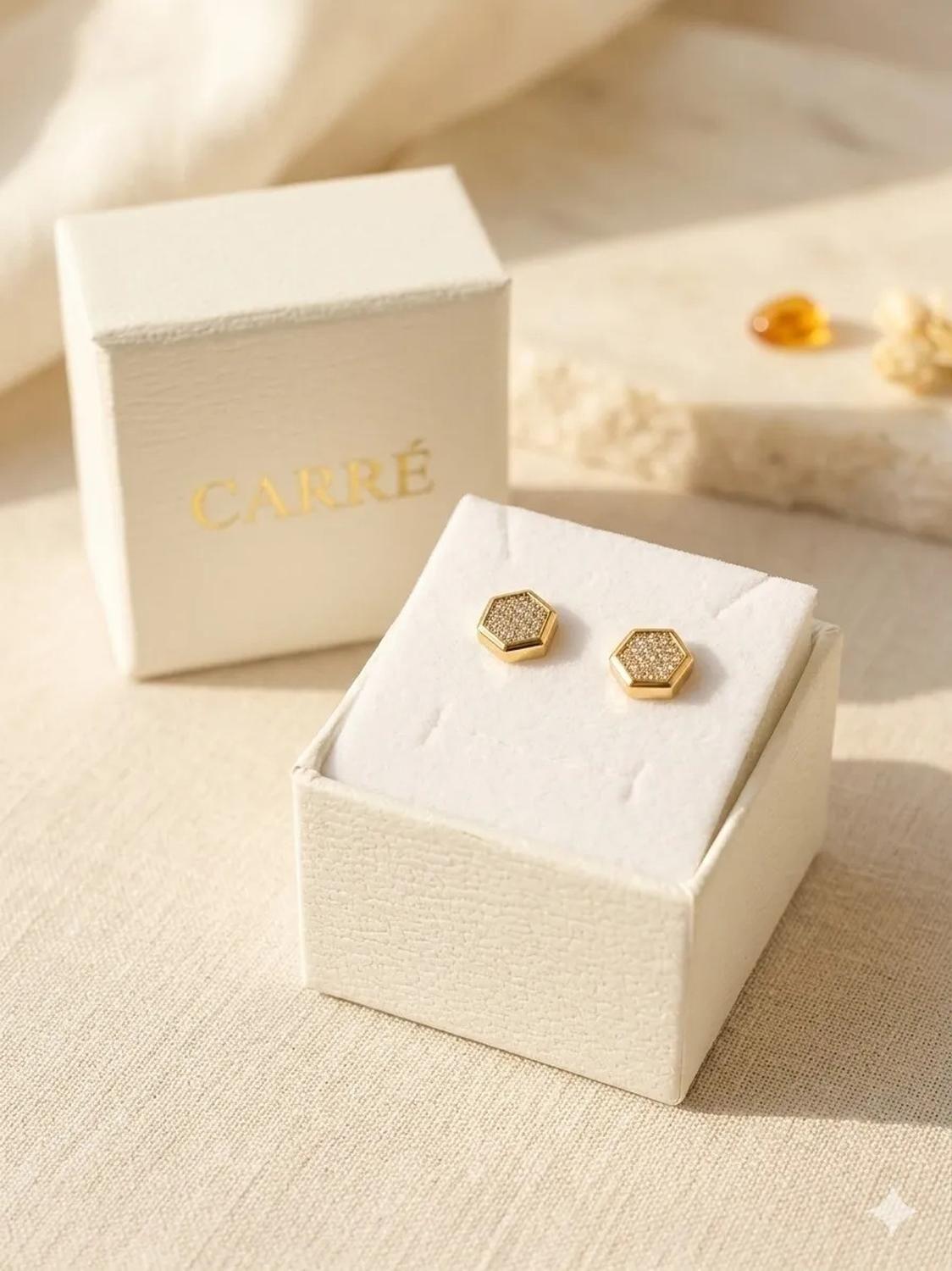 Aro Carré Mujer Exagono Con Circon Enchapado En Oro 18k Dorado-0